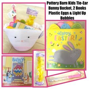 Pottery Barn Kids Tie-Ear Bunny Bucket, 2 Books Plastic Eggs & Light Up Bubbles